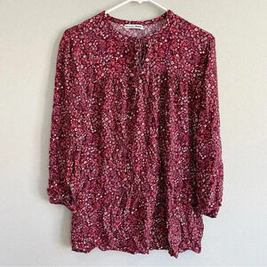 Reformation Floral Tunic Top Red Maroon Blouse Long Sleeve Tie Neck Shirt S